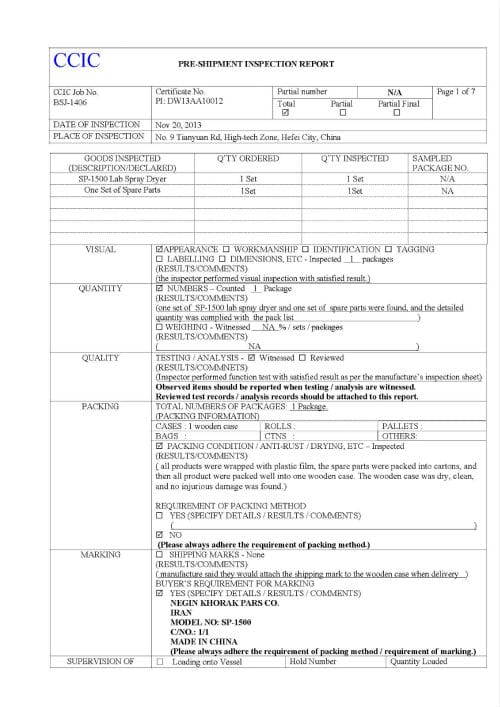 Pre-Shipment Inspection Report